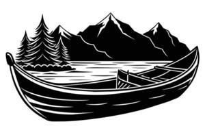A Vintage black and white illustration of a rowboat on a serene lake with mountains. vector