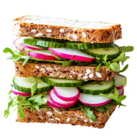 sandwich with cucumbers and radishes on it on over transparent background png