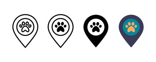 Pet location icon set. Map pointer paw print icon. Pet tracker icons. Pet shop map pin icon vector