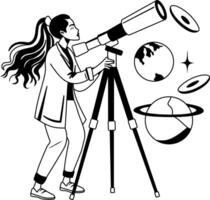 A glyph illustration of an astronomer looking planets with a telescope vector