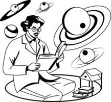 Astrophysicist learning a space book illustration in glyph style vector