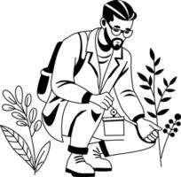 A glyph illustration of a botanist checking plants vector