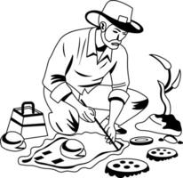 Archaeologist collecting different samples from ground, glyph style illustration vector
