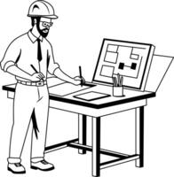 A glyph illustration of an engineer draw a map on system vector