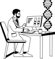 A glyph illustration of geneticist researching about dna structure vector