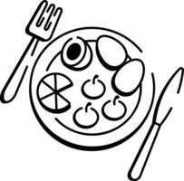 A hand drawn icon of a plate with fork and knife depicting dinner vector