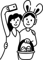 Two characters taking easter selfie, hand drawn icon vector