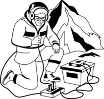 A glyph illustration of a climate scientist researching on a snowy mountain vector