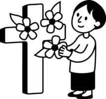 A character decorating easter cross, hand drawn icon vector