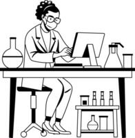 Female scientist working on a computer, glyph style illustration vector