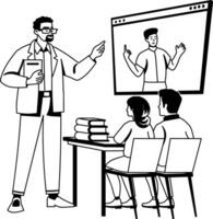 A glyph illustration of a lecturer teaching students on a screen vector