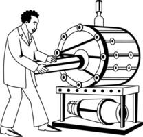 A glyph illustration of a particle physicist doing experiment in a rotating machine vector