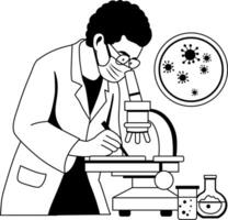 Lab technician researching with a microscope, glyph style illustration vector