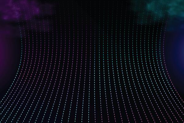 Curved perspective dots. Curved cyan and purple lines on a dark background