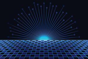 Blue retro cyberpunk futuristic line background. Sci-Fi with chessboard floor background vector