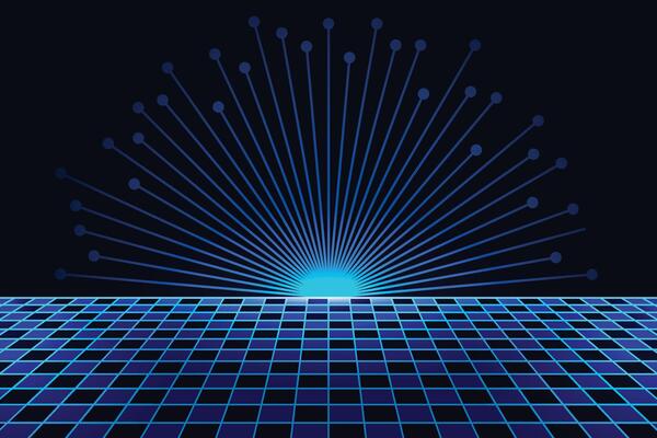 Blue retro cyberpunk futuristic line background. Sci-Fi with chessboard floor background