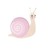 Soft white snail with blush cheeks and a pink spiral shell, perfect for gentle wildlife graphics, minimal nursery art, and garden-themed illustrations vector