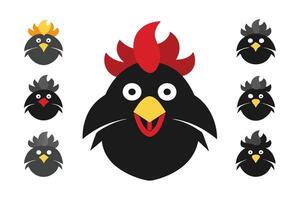 Simple, stylized black silhouettes of rooster heads in various profile views. vector