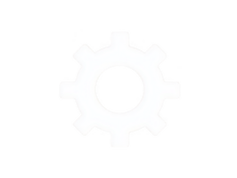 A white gear icon on transparency background, symbolizing mechanics, engineering, or settings. This conveys sense of functionality and design, often used in technology or industrial contexts png