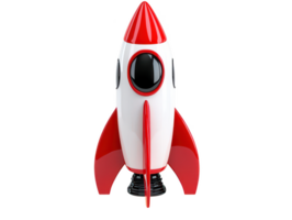 A vibrant rocket with sleek design, featuring white body and red accents, stands upright. Its rounded windows and pointed tip evoke sense of adventure and exploration png
