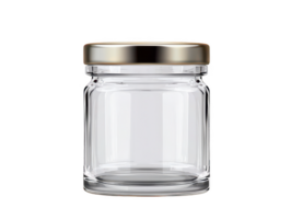 A clear glass jar with metallic lid, perfect for storage or decoration. Its simple design makes it versatile for various uses, adding touch of elegance to any space png
