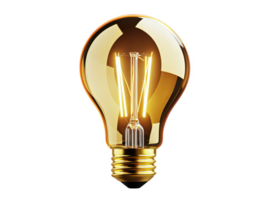 A vintage light bulb with golden finish, showcasing its intricate filament design. warm glow emanating from bulb creates cozy and inviting atmosphere, perfect for home decor png
