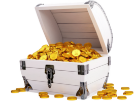 A treasure chest overflowing with shiny gold coins, symbolizing wealth and prosperity. chest is crafted from wood, featuring metallic accents, and is surrounded by scattered coins, evoking sense png