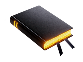 A sleek, black book with textured cover and glowing yellow pages, featuring two bookmarks peeking out. This evokes sense of mystery and knowledge, perfect for literary themes png