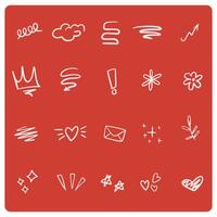 Collection of red doodles arrows, clouds, swirls, and crowns. Playful doodles, red lines, and whimsical shape vector
