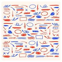 Set of cute elements with cartoon comic effect in red and blue colors on cream background. vector