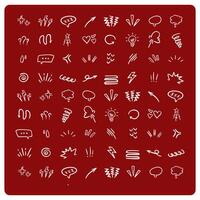 Cute doodle elements set. Hand drawn collection of stars, hearts, arrows, scribbles, speech bubbles, flowers on red background vector