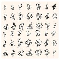 Steam and smoke lines icons set. Air wind and scent linear collection with doodle style drawing vector