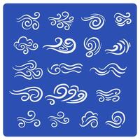 Doodle wind motion. Isolated set of abstract air swirls, blow waves, curve spirals on black background vector