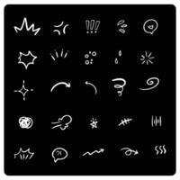 Hand drawn illustration with cute cartoon expressions, lines, and signs on black background vector