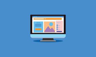 Personal computer screen, monitor. Desktop PC, display. Office work PC, workplace gadget, technology. Flat graphic illustration isolated on blue background vector