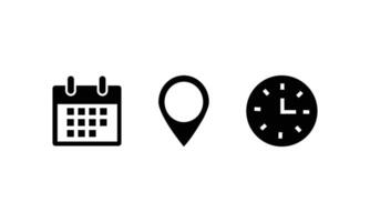 Time date address icon collection illustration. Event icons Location, Calendar clock icon. Clock pin map location and calendar signs vector