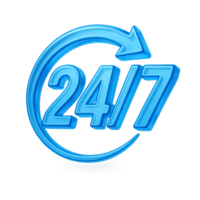 Glossy blue 24 7 number with circular arrow icon on transparent background, representing nonstop availability, full-time service, or around-the-clock support in 3D style png