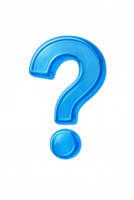 Glossy blue question mark symbol on transparent background, 3D icon representing help, inquiry, uncertainty, information, support, or FAQ in digital or interface design png