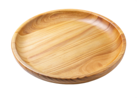 Round wooden plate displaying a natural grain pattern, featuring a smooth, polished surface ideal for serving or decoration. Isolated on transparent background. png
