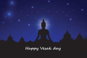 Happy Vesak Day with lord budha and temple background. vector