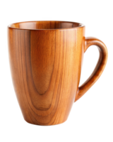 Wooden mug with smooth polished surface, featuring natural wood grain patterns and rounded handle. Suitable for rustic decor, beverages, or aesthetic displays. Isolated on transparent background. png