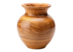 Wooden vase featuring a smooth polished surface with natural grain patterns. Perfect for rustic decor, floral arrangements, or ornamental displays. Isolated on transparent background. png
