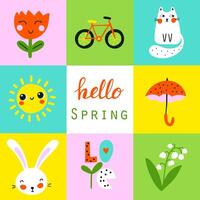 Spring card with flowers, bunny, cat. vector