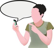 A woman holding a cell phone and pointing to it vector