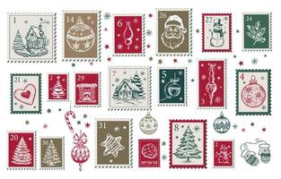 Advent calendar with tree, ball, Christmas Stamps, mail, postcard on white hand drawn illustrations. vector