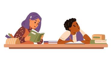 Two classmates a boy and a girl of different ethnicity sitting at desk in classroom studying flat illustration isolated on white. vector