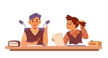 Two classmates a boy using wheelchair and a girl sitting at desk in classroom studying flat illustration isolated on white. vector