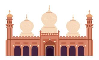 Ancient mosque building exterior with minarets flat illustration isolated on white. Islamic religious architecture. vector