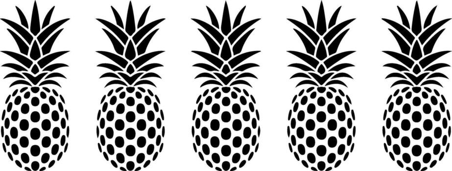 un altura de los ojos composición exhibiendo cinco estilizado piñas, meticulosamente arreglado a crear un vibrante y dinámica presentación. vector