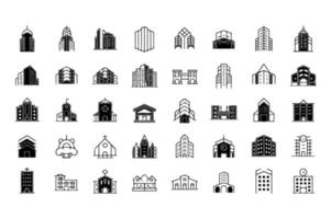 A comprehensive collection of architectural icons showcasing diverse building styles vector